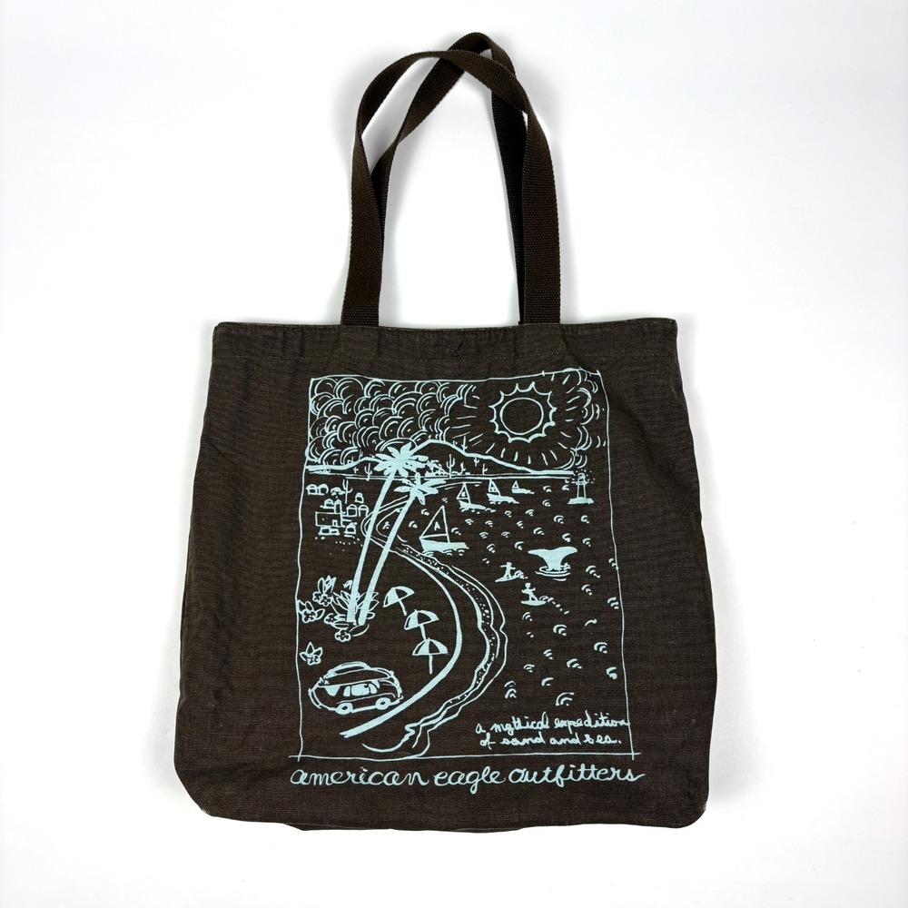 VTG Y2k‎ American Eagle Canvas Graphic Tote Bag Brown Turquoise Seaside Snap